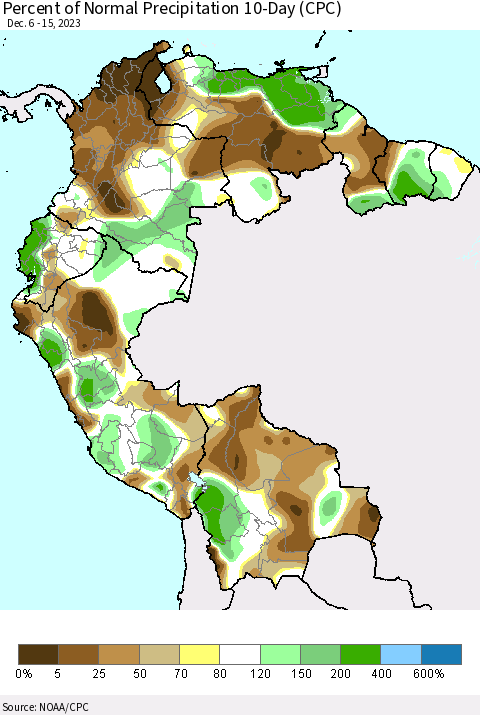 Northern South America Percent of Normal Precipitation 10-Day (CPC) Thematic Map For 12/6/2023 - 12/15/2023