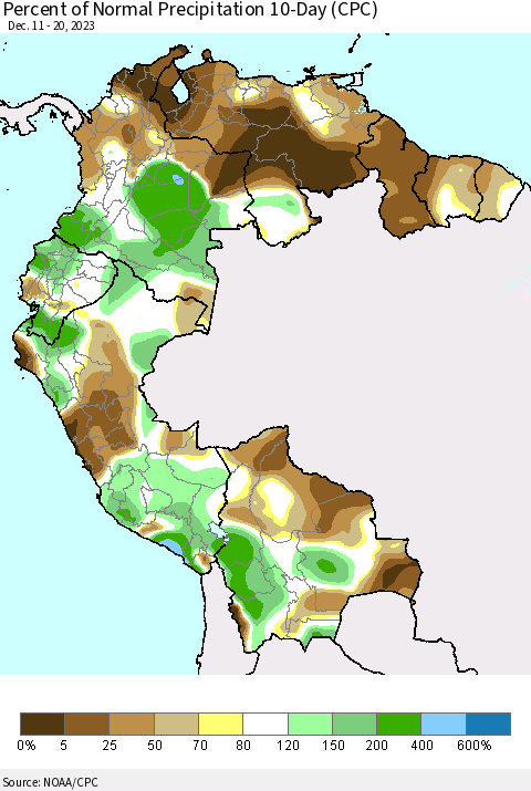Northern South America Percent of Normal Precipitation 10-Day (CPC) Thematic Map For 12/11/2023 - 12/20/2023