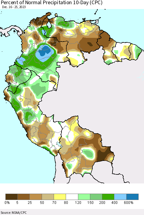 Northern South America Percent of Normal Precipitation 10-Day (CPC) Thematic Map For 12/16/2023 - 12/25/2023