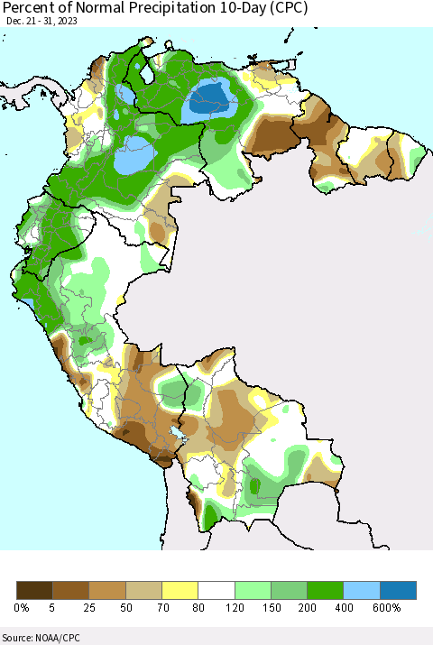 Northern South America Percent of Normal Precipitation 10-Day (CPC) Thematic Map For 12/21/2023 - 12/31/2023