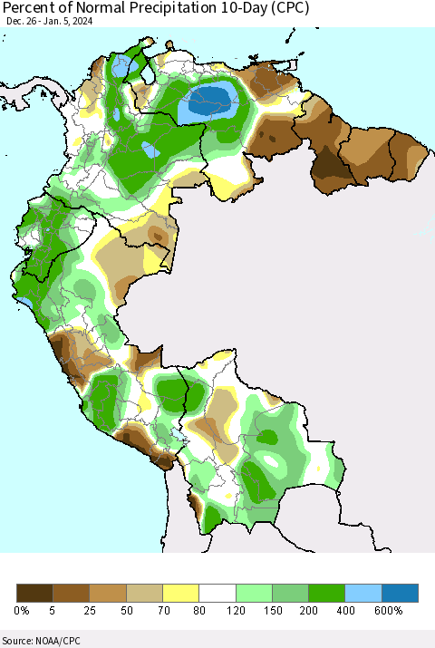 Northern South America Percent of Normal Precipitation 10-Day (CPC) Thematic Map For 12/26/2023 - 1/5/2024