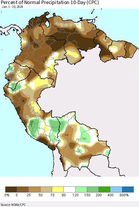Northern South America Percent of Normal Precipitation 10-Day (CPC) Thematic Map For 1/1/2024 - 1/10/2024