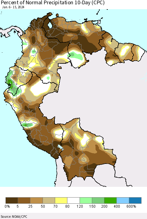 Northern South America Percent of Normal Precipitation 10-Day (CPC) Thematic Map For 1/6/2024 - 1/15/2024