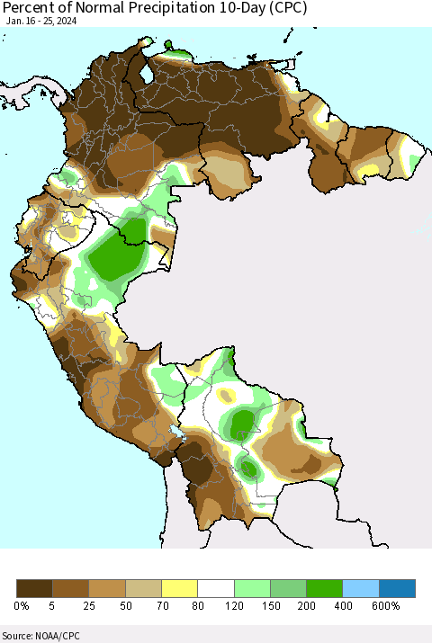 Northern South America Percent of Normal Precipitation 10-Day (CPC) Thematic Map For 1/16/2024 - 1/25/2024