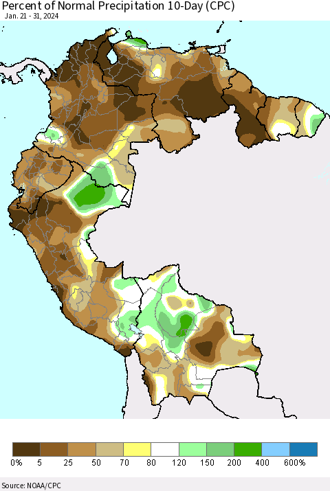 Northern South America Percent of Normal Precipitation 10-Day (CPC) Thematic Map For 1/21/2024 - 1/31/2024