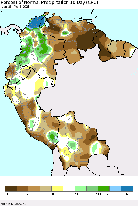 Northern South America Percent of Normal Precipitation 10-Day (CPC) Thematic Map For 1/26/2024 - 2/5/2024