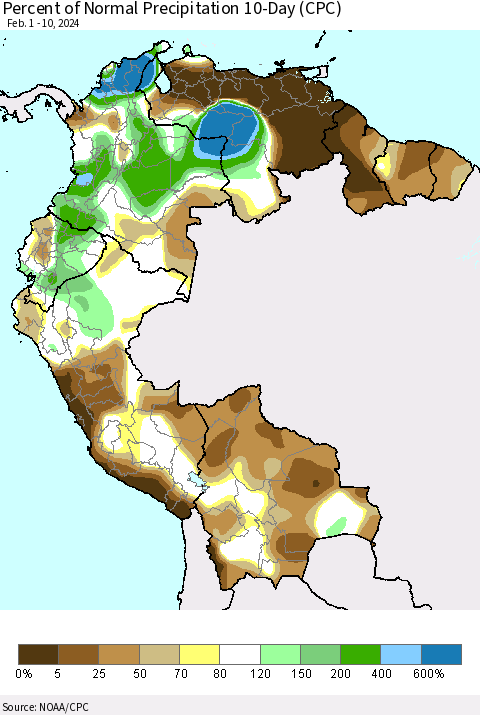 Northern South America Percent of Normal Precipitation 10-Day (CPC) Thematic Map For 2/1/2024 - 2/10/2024