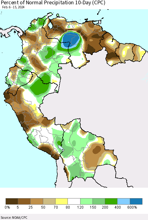 Northern South America Percent of Normal Precipitation 10-Day (CPC) Thematic Map For 2/6/2024 - 2/15/2024