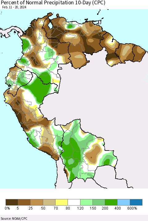 Northern South America Percent of Normal Precipitation 10-Day (CPC) Thematic Map For 2/11/2024 - 2/20/2024