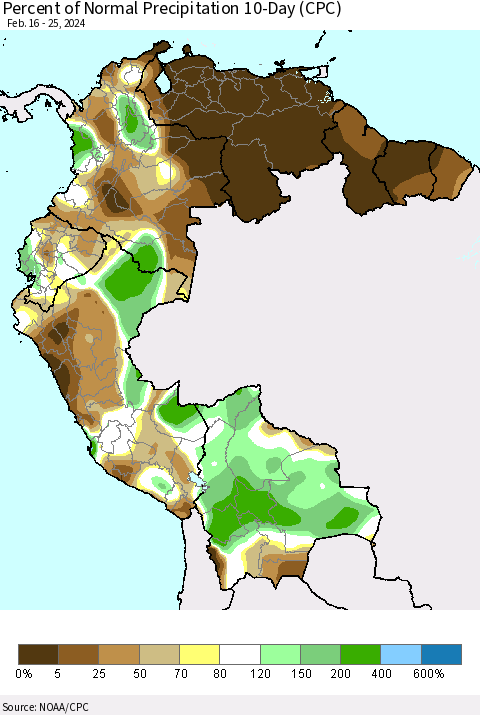 Northern South America Percent of Normal Precipitation 10-Day (CPC) Thematic Map For 2/16/2024 - 2/25/2024