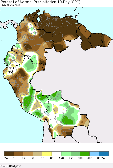 Northern South America Percent of Normal Precipitation 10-Day (CPC) Thematic Map For 2/21/2024 - 2/29/2024