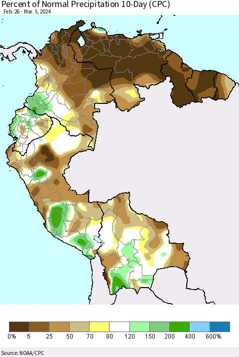 Northern South America Percent of Normal Precipitation 10-Day (CPC) Thematic Map For 2/26/2024 - 3/5/2024