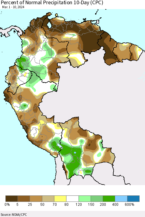 Northern South America Percent of Normal Precipitation 10-Day (CPC) Thematic Map For 3/1/2024 - 3/10/2024