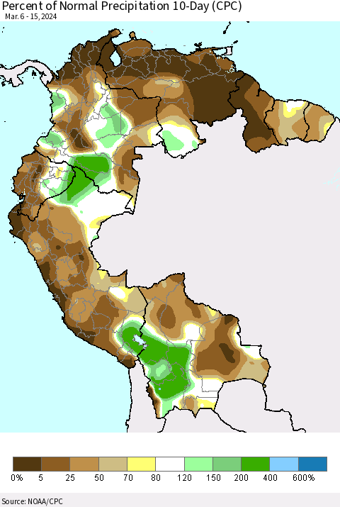 Northern South America Percent of Normal Precipitation 10-Day (CPC) Thematic Map For 3/6/2024 - 3/15/2024