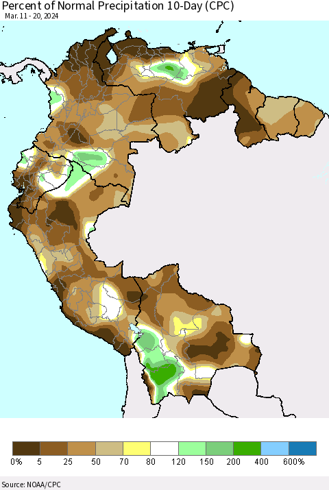 Northern South America Percent of Normal Precipitation 10-Day (CPC) Thematic Map For 3/11/2024 - 3/20/2024
