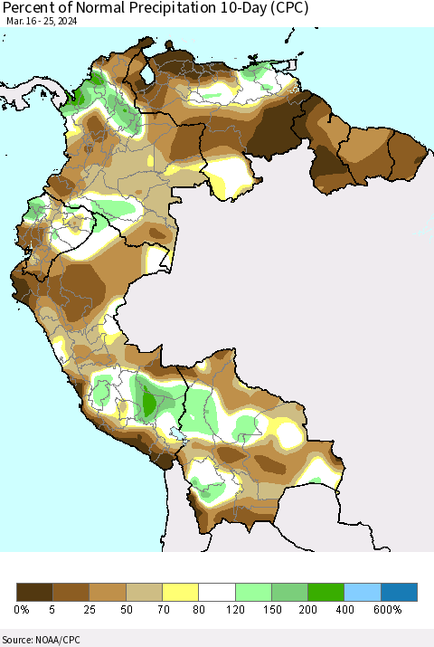 Northern South America Percent of Normal Precipitation 10-Day (CPC) Thematic Map For 3/16/2024 - 3/25/2024