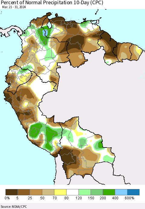 Northern South America Percent of Normal Precipitation 10-Day (CPC) Thematic Map For 3/21/2024 - 3/31/2024