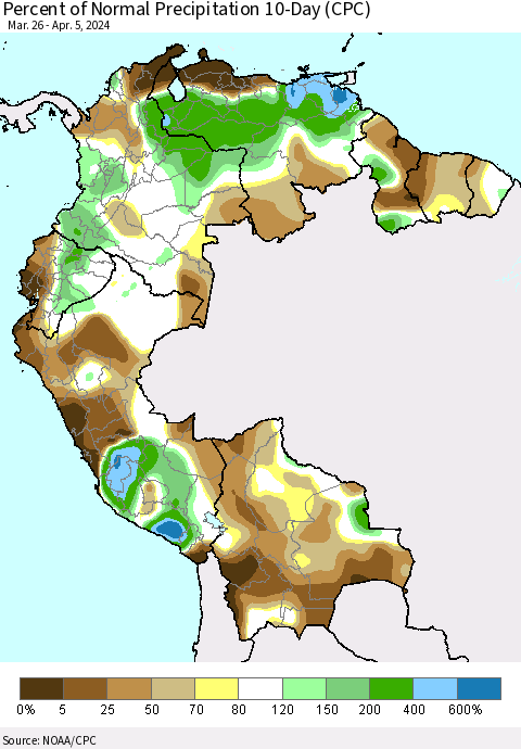 Northern South America Percent of Normal Precipitation 10-Day (CPC) Thematic Map For 3/26/2024 - 4/5/2024