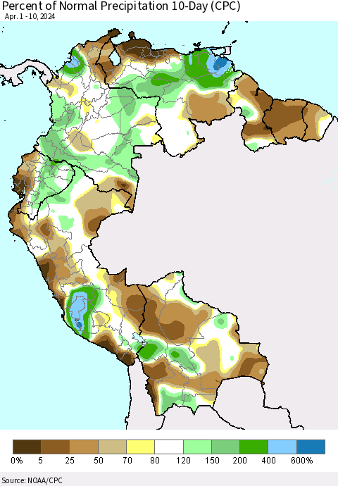 Northern South America Percent of Normal Precipitation 10-Day (CPC) Thematic Map For 4/1/2024 - 4/10/2024