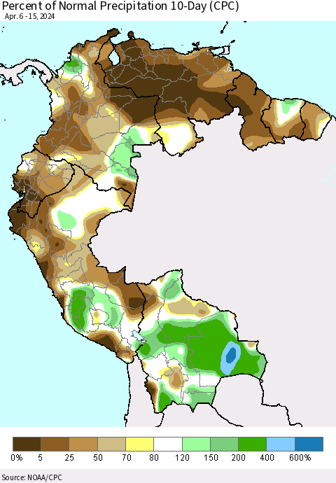 Northern South America Percent of Normal Precipitation 10-Day (CPC) Thematic Map For 4/6/2024 - 4/15/2024