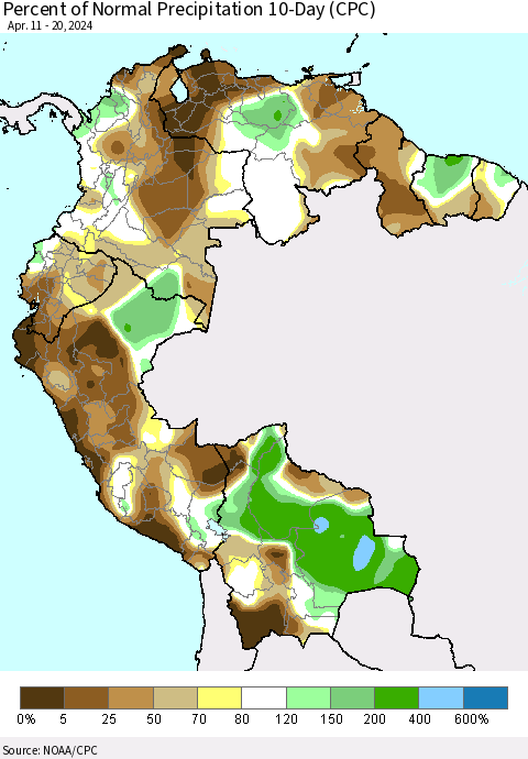 Northern South America Percent of Normal Precipitation 10-Day (CPC) Thematic Map For 4/11/2024 - 4/20/2024