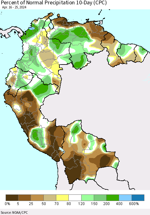Northern South America Percent of Normal Precipitation 10-Day (CPC) Thematic Map For 4/16/2024 - 4/25/2024