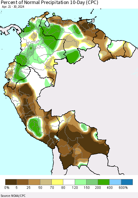 Northern South America Percent of Normal Precipitation 10-Day (CPC) Thematic Map For 4/21/2024 - 4/30/2024