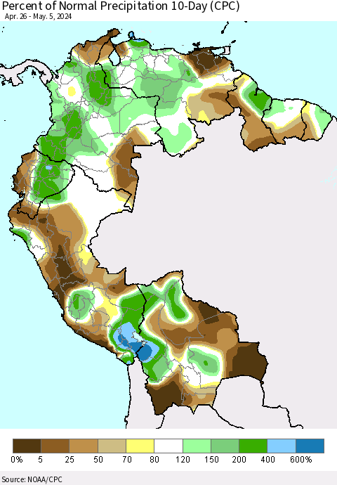 Northern South America Percent of Normal Precipitation 10-Day (CPC) Thematic Map For 4/26/2024 - 5/5/2024