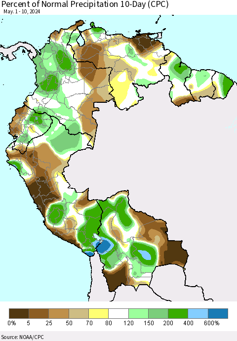 Northern South America Percent of Normal Precipitation 10-Day (CPC) Thematic Map For 5/1/2024 - 5/10/2024