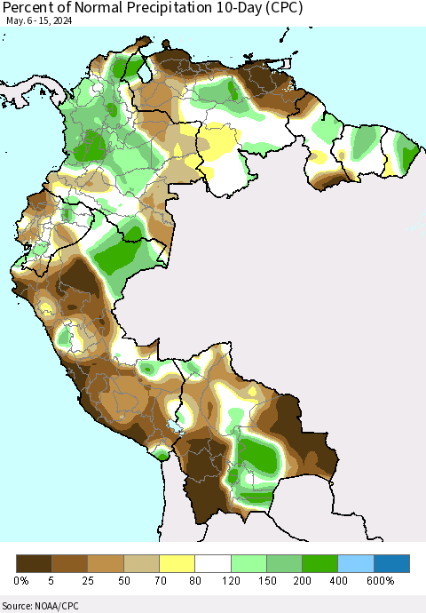 Northern South America Percent of Normal Precipitation 10-Day (CPC) Thematic Map For 5/6/2024 - 5/15/2024