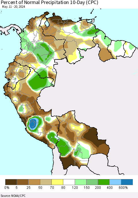 Northern South America Percent of Normal Precipitation 10-Day (CPC) Thematic Map For 5/11/2024 - 5/20/2024