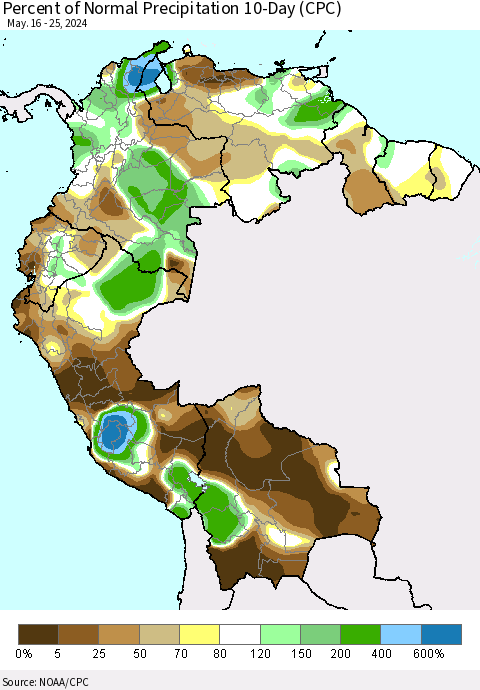 Northern South America Percent of Normal Precipitation 10-Day (CPC) Thematic Map For 5/16/2024 - 5/25/2024