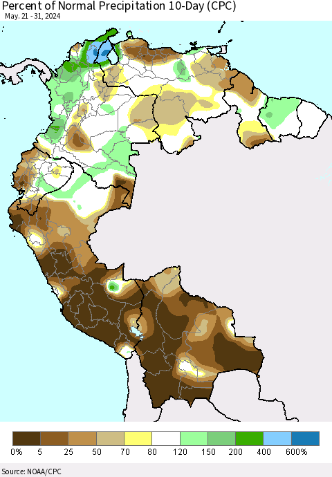 Northern South America Percent of Normal Precipitation 10-Day (CPC) Thematic Map For 5/21/2024 - 5/31/2024