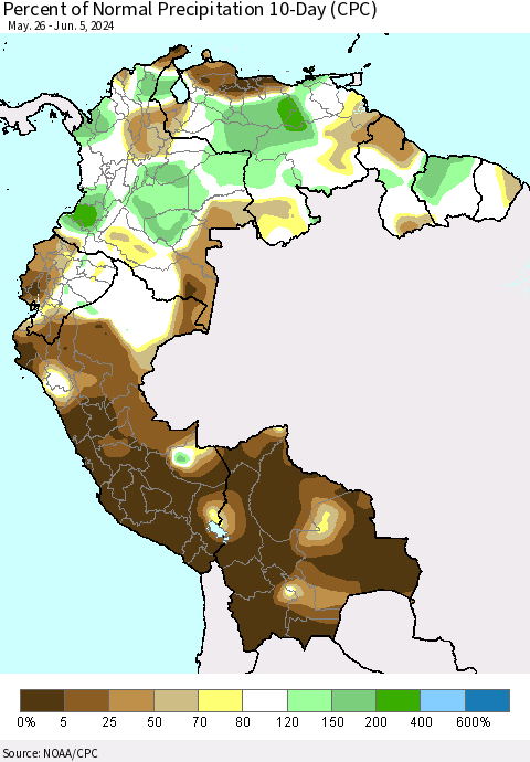 Northern South America Percent of Normal Precipitation 10-Day (CPC) Thematic Map For 5/26/2024 - 6/5/2024