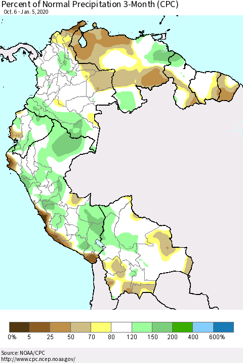 Northern South America Percent of Normal Precipitation 3-Month (CPC) Thematic Map For 10/6/2019 - 1/5/2020