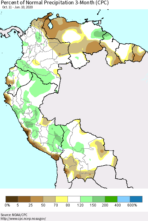 Northern South America Percent of Normal Precipitation 3-Month (CPC) Thematic Map For 10/11/2019 - 1/10/2020