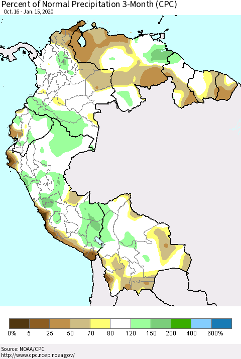 Northern South America Percent of Normal Precipitation 3-Month (CPC) Thematic Map For 10/16/2019 - 1/15/2020