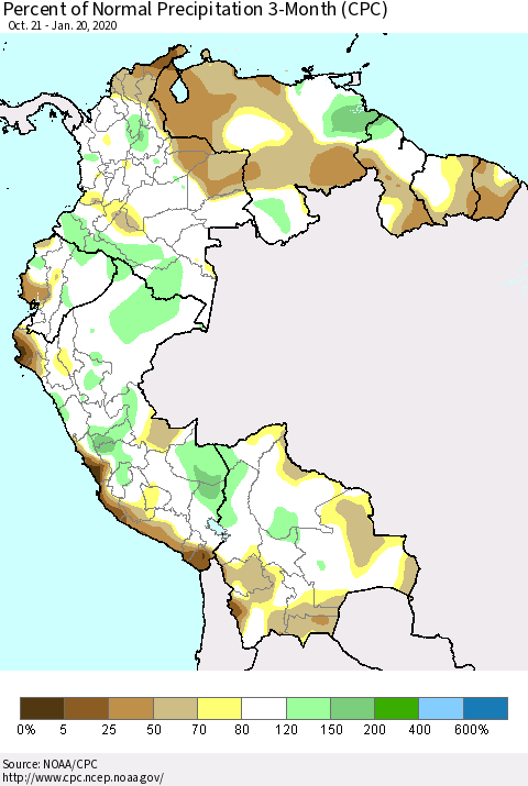 Northern South America Percent of Normal Precipitation 3-Month (CPC) Thematic Map For 10/21/2019 - 1/20/2020