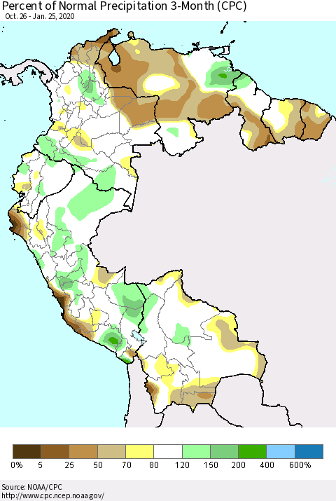 Northern South America Percent of Normal Precipitation 3-Month (CPC) Thematic Map For 10/26/2019 - 1/25/2020