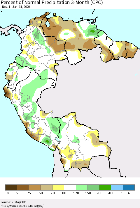 Northern South America Percent of Normal Precipitation 3-Month (CPC) Thematic Map For 11/1/2019 - 1/31/2020
