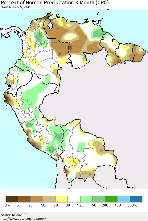 Northern South America Percent of Normal Precipitation 3-Month (CPC) Thematic Map For 11/6/2019 - 2/5/2020