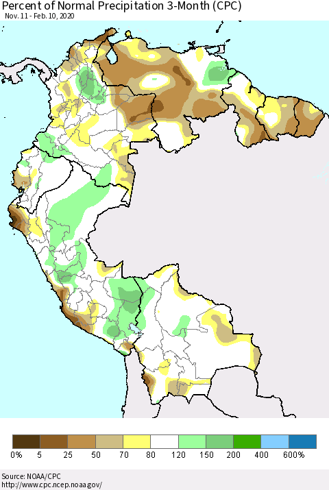 Northern South America Percent of Normal Precipitation 3-Month (CPC) Thematic Map For 11/11/2019 - 2/10/2020