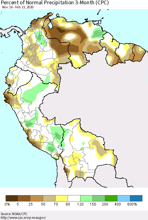 Northern South America Percent of Normal Precipitation 3-Month (CPC) Thematic Map For 11/16/2019 - 2/15/2020
