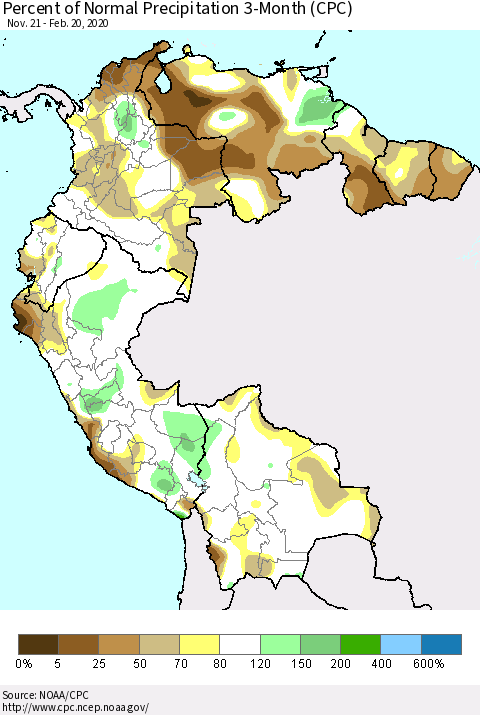 Northern South America Percent of Normal Precipitation 3-Month (CPC) Thematic Map For 11/21/2019 - 2/20/2020