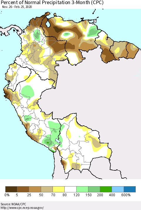 Northern South America Percent of Normal Precipitation 3-Month (CPC) Thematic Map For 11/26/2019 - 2/25/2020