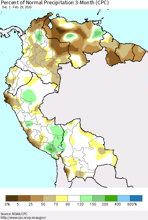 Northern South America Percent of Normal Precipitation 3-Month (CPC) Thematic Map For 12/1/2019 - 2/29/2020