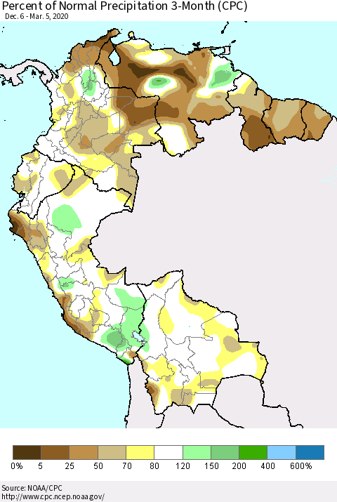 Northern South America Percent of Normal Precipitation 3-Month (CPC) Thematic Map For 12/6/2019 - 3/5/2020
