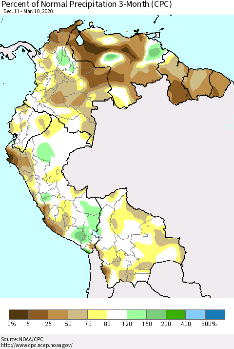 Northern South America Percent of Normal Precipitation 3-Month (CPC) Thematic Map For 12/11/2019 - 3/10/2020