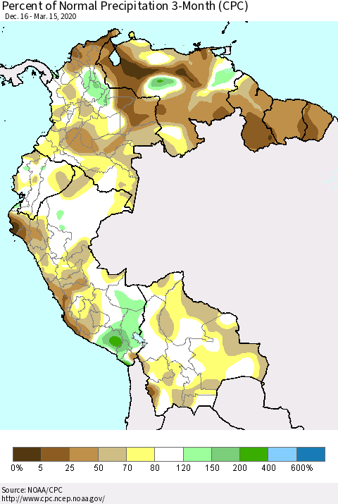 Northern South America Percent of Normal Precipitation 3-Month (CPC) Thematic Map For 12/16/2019 - 3/15/2020