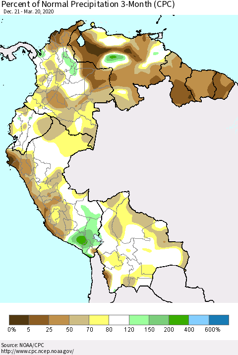 Northern South America Percent of Normal Precipitation 3-Month (CPC) Thematic Map For 12/21/2019 - 3/20/2020